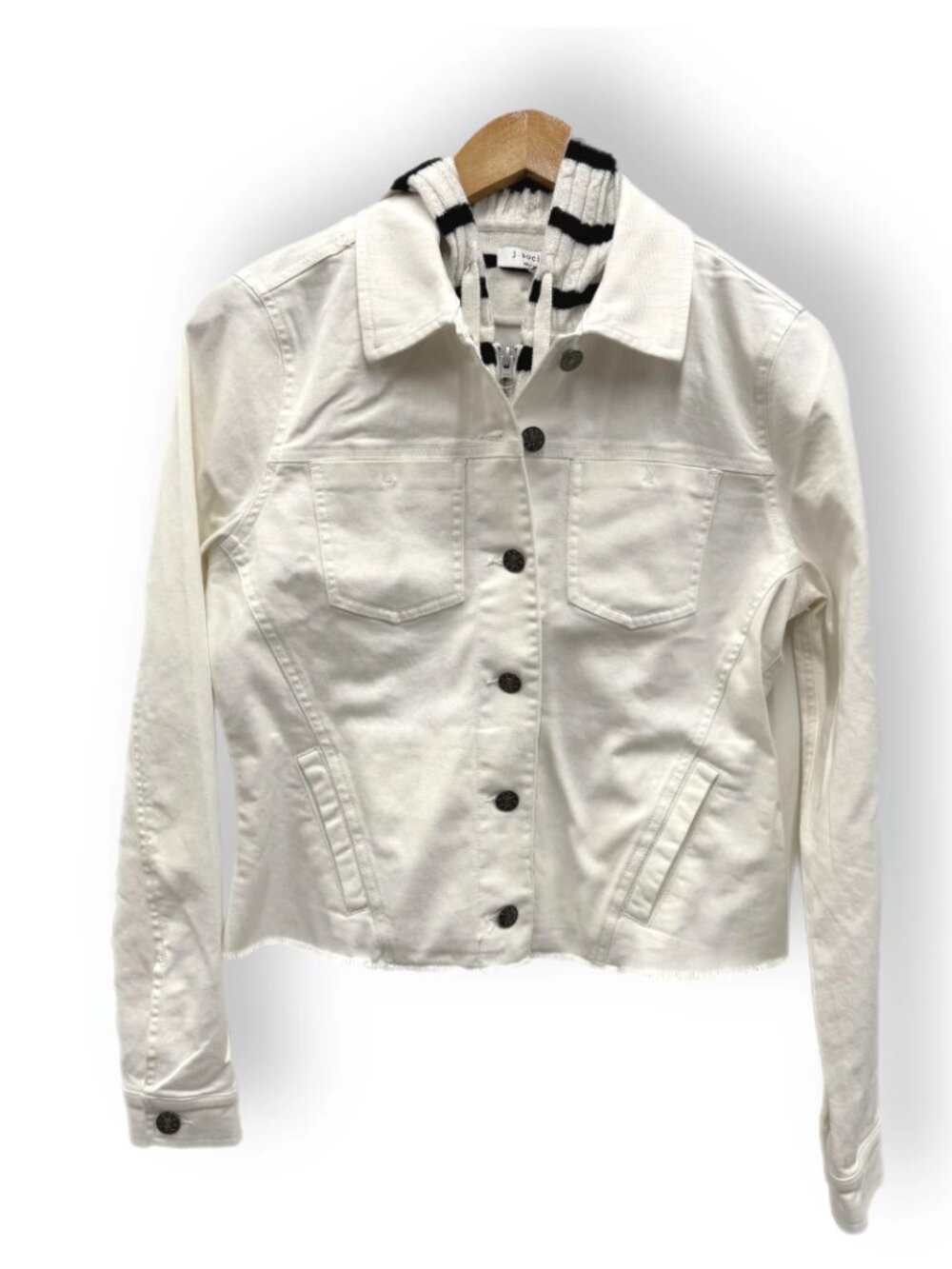 NEW j. society two-fer White Denim Jacket w/removable stripe sweater hood XS